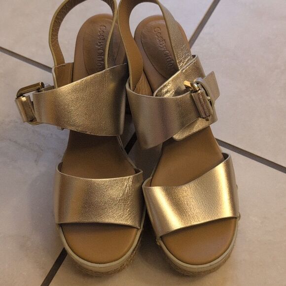 NEW See By Chloe Lamb Joline Heel Sandals Block Platform Gold FLAWED Size 9 - Picture 2 of 11